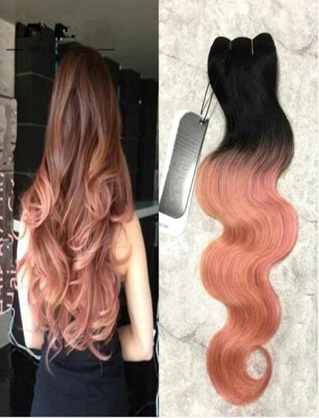 

grade 8a dark roots ombre rose gold two tone ombre hair extensions peruvian virgin hair body wave 3pcs ombre human hair weave6557589, Black;brown