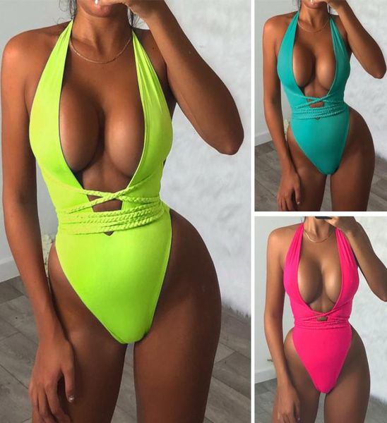 

deep v neck bathing suit halter neon bikini women monokini string 2021 swimsuit one piece bodysuits high cut swimwear women2617359