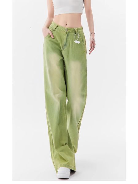 

women's jeans light green harajuku vintage high waist loose pants streetwear style y2k wide leg baggy denim trouser 230721, Blue