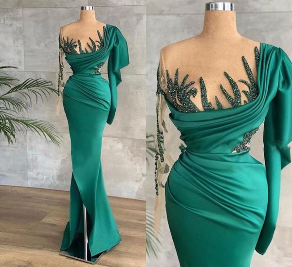 

green prom dresses sheer neck one shoulder split evening gowns with appliques beads8387398, Black