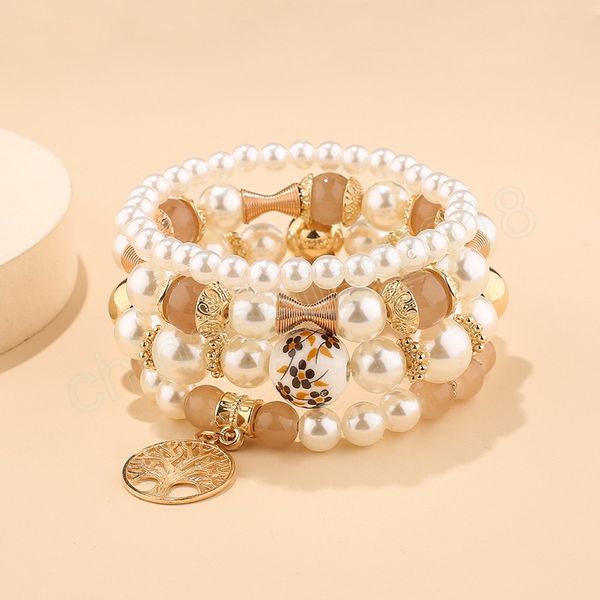 

bohemian pearl beads chain bracelet set for women tree of life starfish charm elastic bangle female party jewelry accessories, Golden;silver