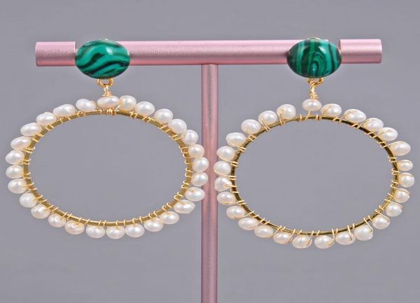 

guaiguai jewelry green malachite gold color big circle hoop stud earrings handmade for women real gems stone lady fashion jewellry9795122, Silver