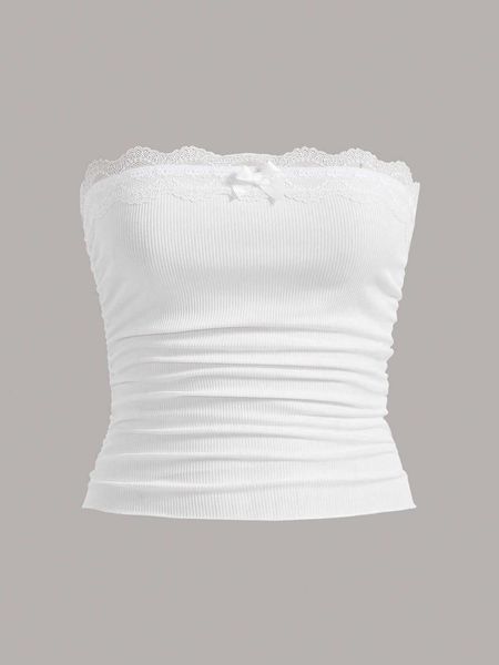 

women's clothing qutie lace trim ruched side bow front tube top, White