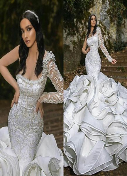 

2021 luxury ruffles mermaid wedding dresses plus size one shoulder chapel train gorgeous bridal gowns nigerian arabic marriage dre3928696, White