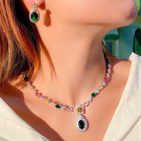 

luxury 2pc/sets flower designer jewelry set necklace earring woman colorful aaa cubic zirconia south american bride wedding engagement neckl, Silver
