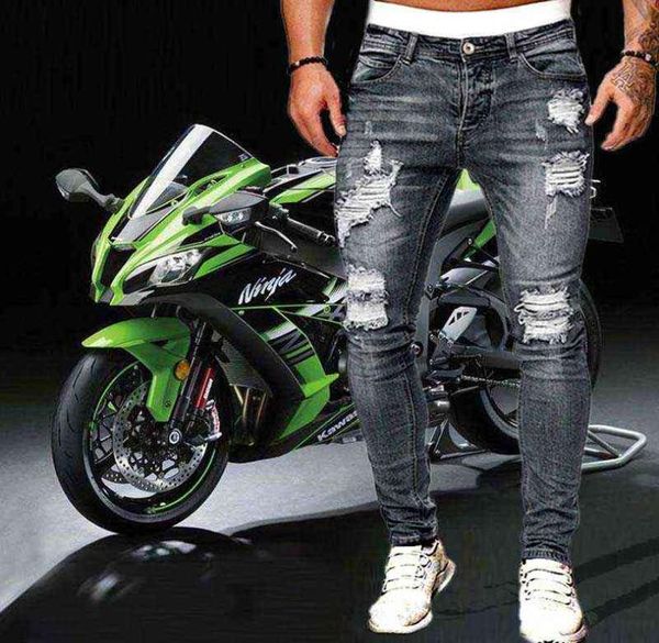 

mens ripped skinny jeans blue slim fit hole pencil pants casual biker trousers streetwear 2021 denim man clothing w225993149