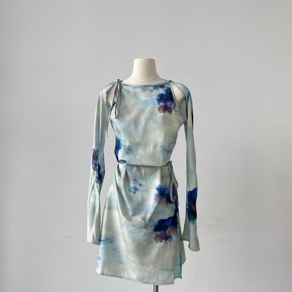 

european fashion brand holiday-chic tie-dye printed dress, Black