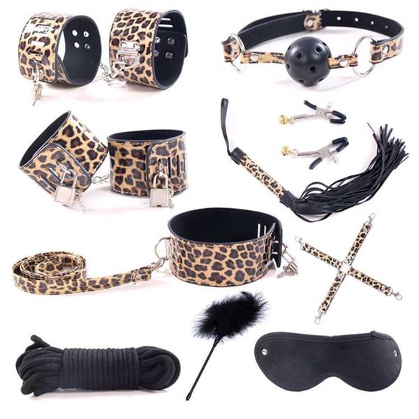 

product production leather handcuffs binding leopard pattern ring with lock 10 piece set 50% outlet online