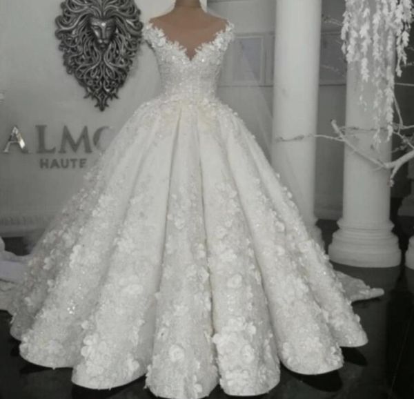 

gorgeous handmade flowers wedding gown sheer jewel neck beads sequins applique bridal dress luxury dubai lace ball gown wedding dr9938948, White