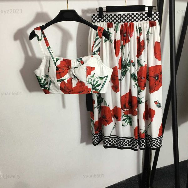 

designer women dress two piece dress holiday style set size s-l big red floral print strap and polka dot high waisted skirt july19, White
