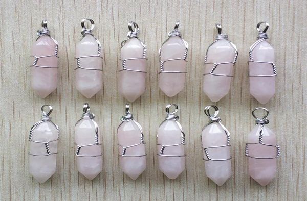 

silver color wrapped rose quartz hexagon pendulum chakra charms pendant healing pink crystal stone hangings fashion jewelry making wholesale, Bronze;silver