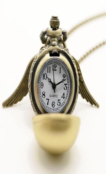 

wholesale- lady golden wing pendant golden potter little snitch antique pocket watch necklace girl women gift quartz watches chain5469044, Silver