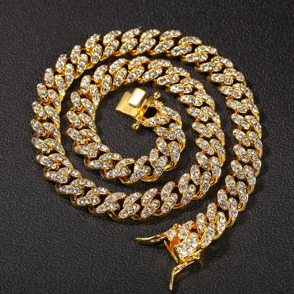 

12mm hiphop rock diamond 18k gold mens necklace designer cuban link chain for man alloy austria rhinestone chains silver necklaces chokers f