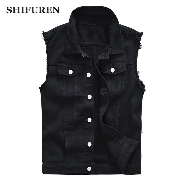 

men's vests shifuren men cotton ripped jeans sleeveless jacket black denim vest single-breasted male hip hop washed cowboy waistcoat 23, Black;white
