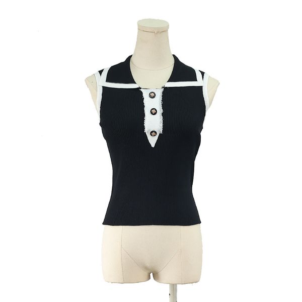 

716 2023 autumn runway summer brand same style sweater striped sleeveless lapel neck black fashion clothes womens dl, White;black