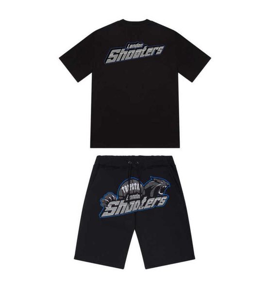 

summer new trapstar london shooter short-sleeved t shirt suit chenille decoding black ice flavor motion current round neck t-shirt shorts de, White;black