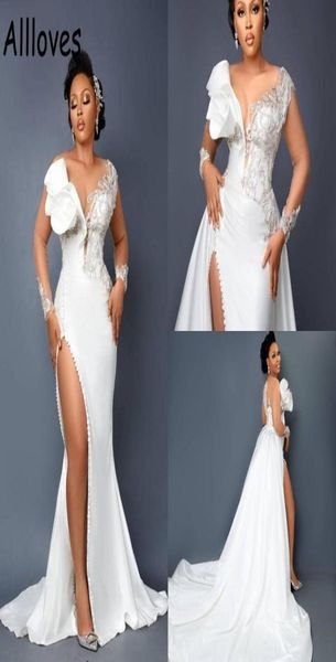 

arabic aso ebi satin overskirts mermaid wedding dresses with detachable train illusion long sleeves appliqqued lace beaded bridal 8156539, White