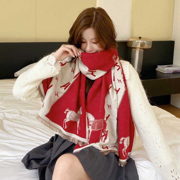 

2022 autumn and winter new office h letter air conditioned shawl temperament ladies' imitation cashmere scarf women, Blue;gray