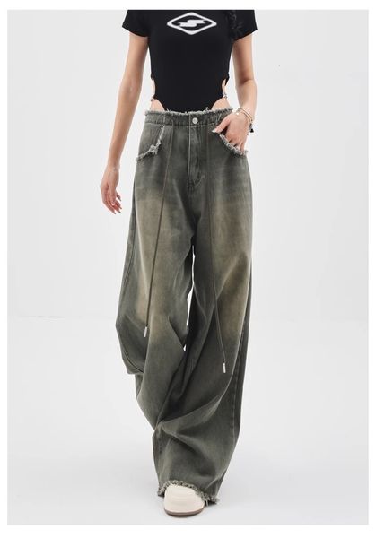 

women's jeans y2k women straight green wide leg loose raw edge drawstring lace up cargo pants oversize denim trousers 230721, Blue