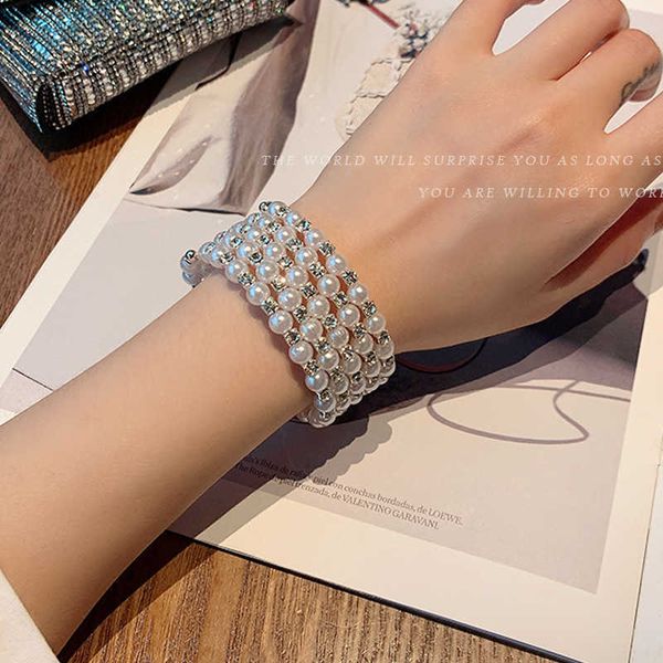 

pearl multi layered elastic wrapped wide full diamond bracelet fashion trendsetter korean version popular bracelet for women, Golden;silver