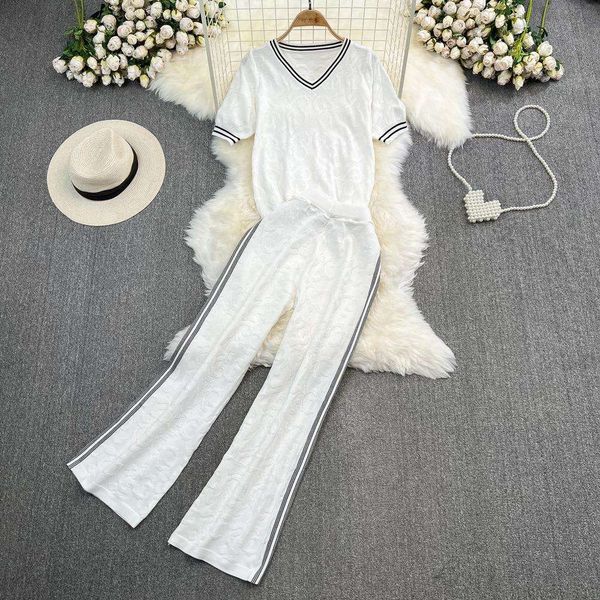 

fashion suit pants women s contrast color short sleeve v neck ice silk knitwear two piece set high waist, White