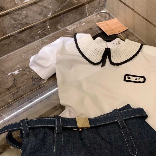 

summer lady doll collar letter print short sleeve plus denim pleated skirt suit skirt, denim fabric is quite wide and has shape not ball, su, White