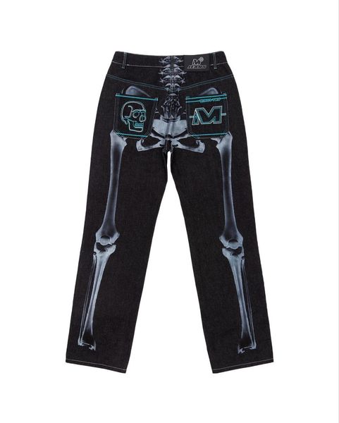 

mens jeans y2k skull print high waisted hiphop denim pants street male black dragging trouses gothic fashion loose baggy men clothing 230721, Blue