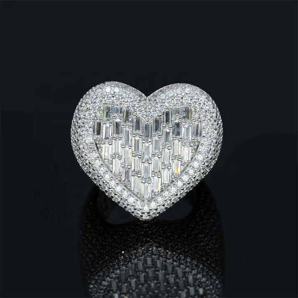 

custom iced out vvs moissanite baguette diamond hip hop heart ring 925 silver 10k 14k real gold hiphop men jewelry