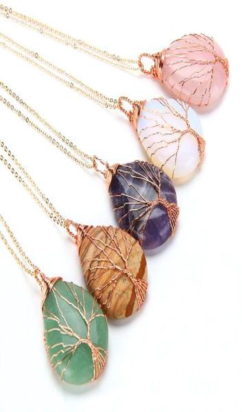 

jln metal wrapped life tree gemstone pendant rose gold plated tear drop stone pendant with brass chain necklace gift for women3872392, Silver
