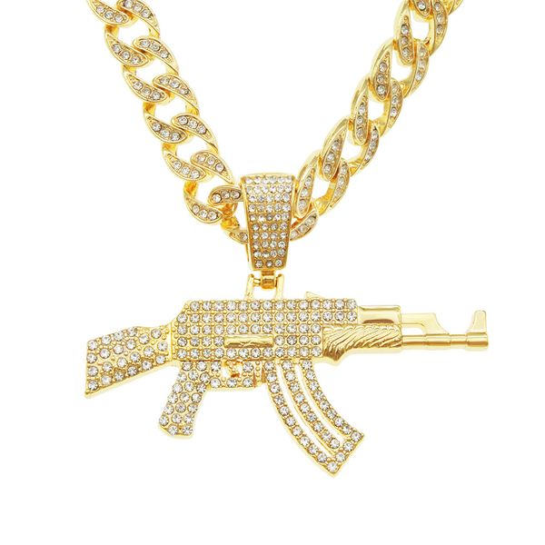 

hip hop rapper men shiny diamond pendant gold necklace iced out machine gun pendant micro-inset full zircon jewelry night club punk 50cm cub, Silver