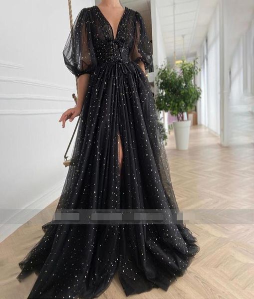 

2020 black starry tulle evening dresses sparkly vneck half puff sleeves front slit ruched party dresses slits long aline prom go2949556, Black;red