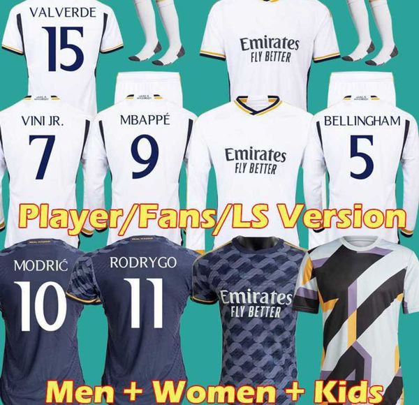 

23 24 fans player version soccer jerseys real madrids benzema rodrgo bellingham 2023 2024 vini jr long sleeve football shirt camiseta de fut, White;black