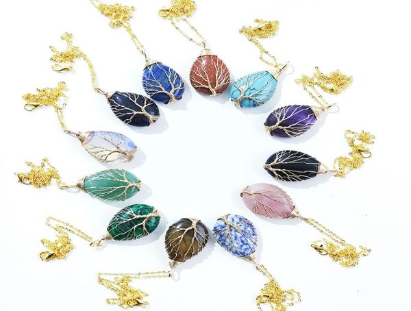 

stone crystal waterdrop charms necklaces copper twine tree of life wrap pendant amethyst tiger eye rose quartz wholesale jewelry for women12, Silver