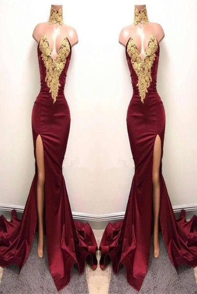 

2019 burgundy high neck mermaid prom dresses gold lace appliques side split evening dresses party wear ba59988169864, Black