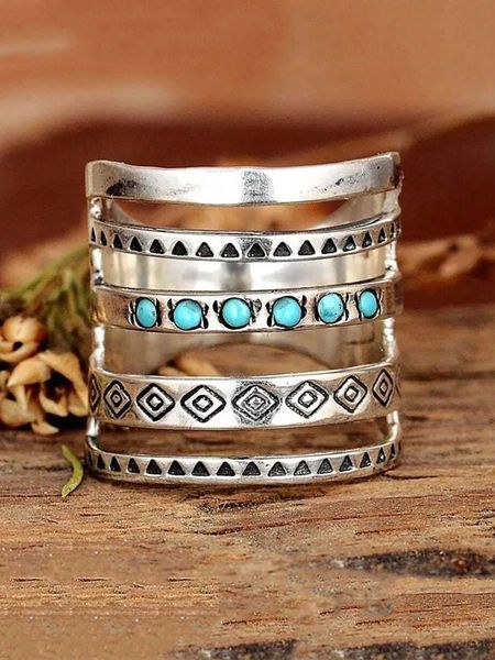 

1pc boho turquoise decor textured hollow out ring for women for daily decoration for party banquet wedding, Silver