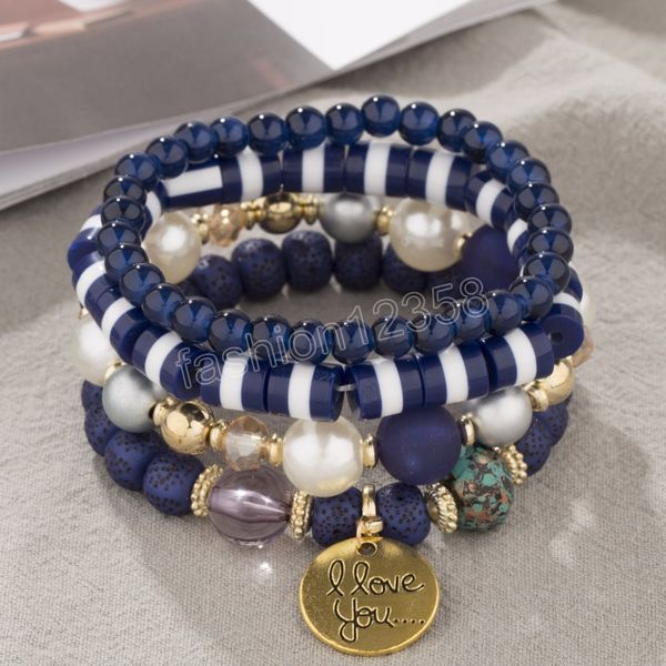 

charms bracelet bangles for women colorful bohemian ethnic style multi layered elastic stone beaded bracelets set pulseras mujer, Golden;silver