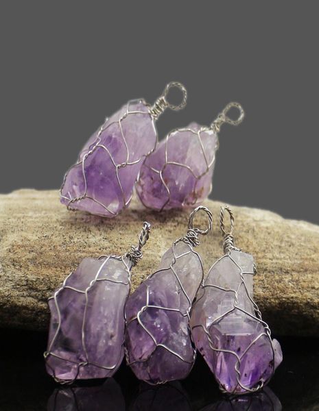 

hand woven white copper wrapping amethyst crystal cluster reiki jewelry natural crystal prototype stone fashion charm women's pendants9, Silver