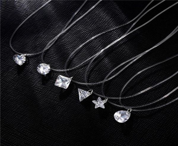 

summer beach jewelry luxury fishing line fishing round star water drop heart crystal pendant invisible necklace for girls6147445, Silver