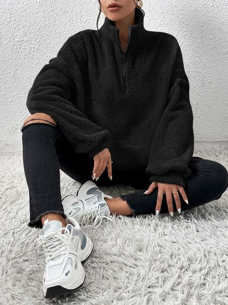 

half zip shoulder teddy sweatshirt, White;black