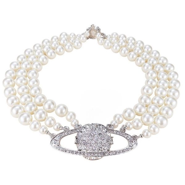 

designer brand necklace classic saturn women necklace heavy duty multi layer pearl diamond necklace choker lady party jewelry, Silver