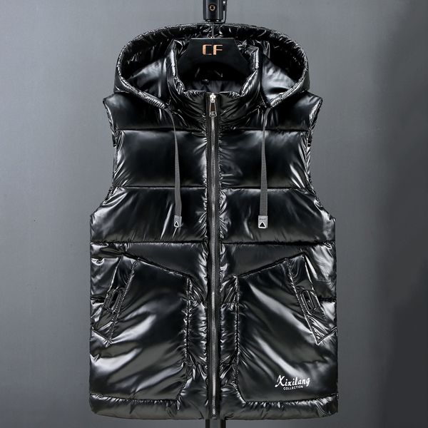 

men's vests autumn winter men's sleeveless jackets hooded casual zipper warm stand collar puffer vest men cotton padded waistcoat, Black;white