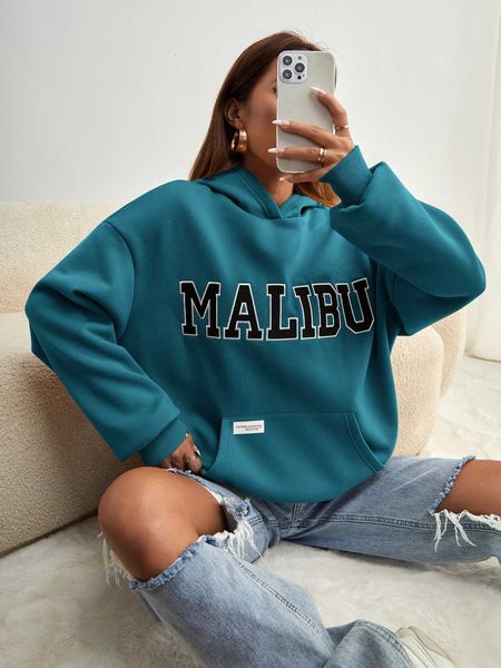 

letter kangaroo pocket shoulder hoodie, White;black