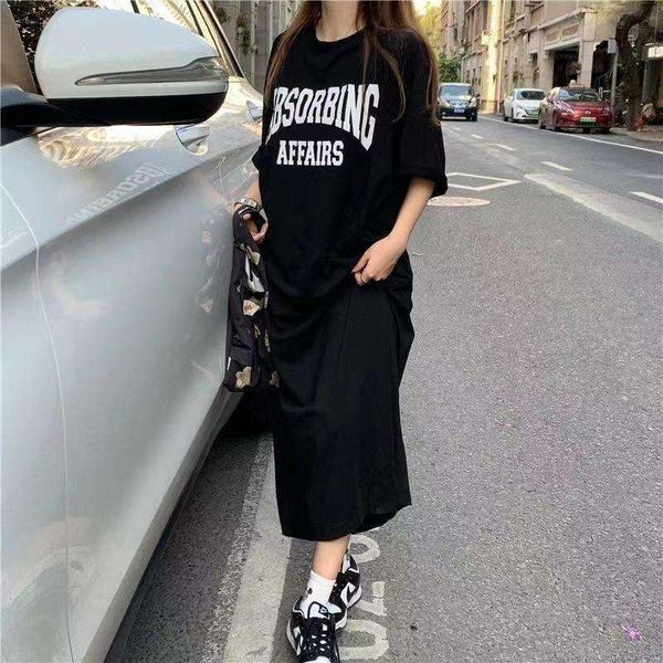 

hong kong style summer short sleeves t shirt skirt womens korean loose skinny round collar letter print mid length, Black;gray