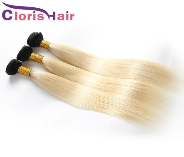 

1b 613 colored silk straight human hair weave 3 bundles platinum blonde brazilian virgin extensions blond ombre double machine wef6375248, Black