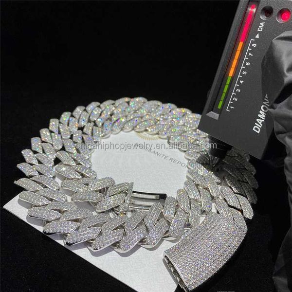 

custom pass diamond tester hip hop vvs moissanite cuban link 18mm iced out 3 rows moissanie stone miami cuban chain necklace, Silver