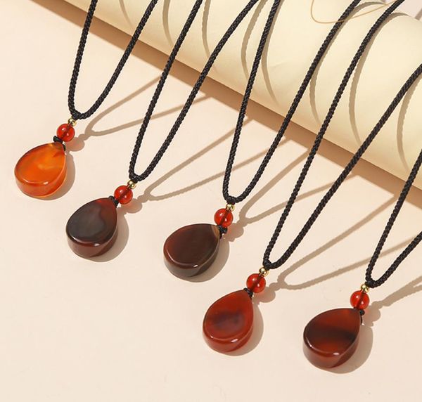

red agate natural stone pendant flat water drop charms necklace for women men rope chain jewelry gift, Silver