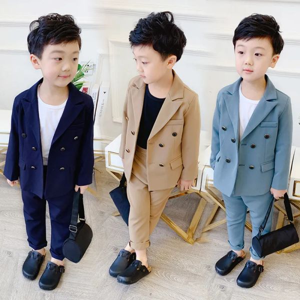 

suits spring autumn children double breasted suit set kids wedding party performance costume boys pure color blazer pants 2pcs outfits 2 gvz, Black
