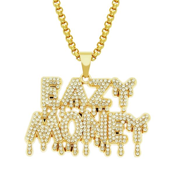

hip hop rapper shiny diamond pendant necklace water dropped eazy money letters pendant micro-inset zircon jewelry 75cm night club accessory, Silver