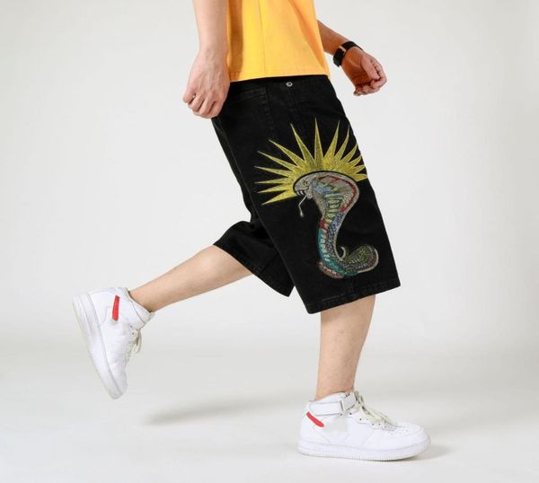 

mens hiphop denim baggy fit jeans designer loose snake embroidery big size black shorts male1495007, Blue