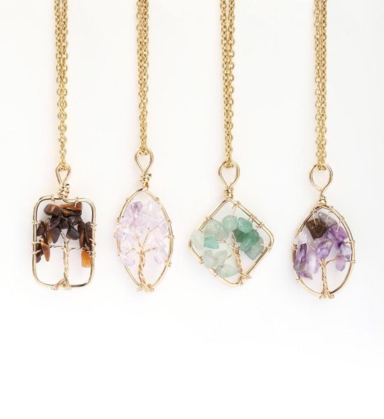 

stone crystal charms necklaces copper twine tree of life wrap pendant amethyst tiger eye rose quartz wholesale jewelry for women3276033, Silver